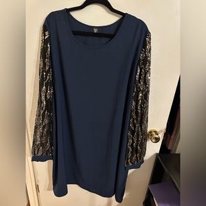 Navy Blue Cocktail Dress with Sequin Sleeves